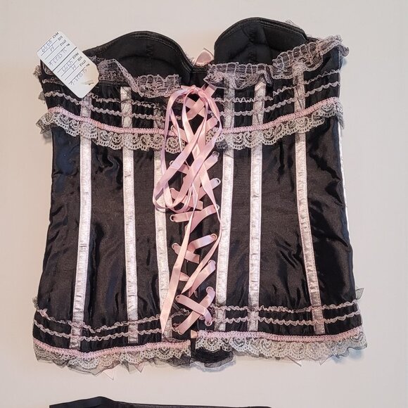 Women Lace Up Black & Pink Bustier Corset Overbust Burlesque Top Waist Cincher - Picture 4 of 4